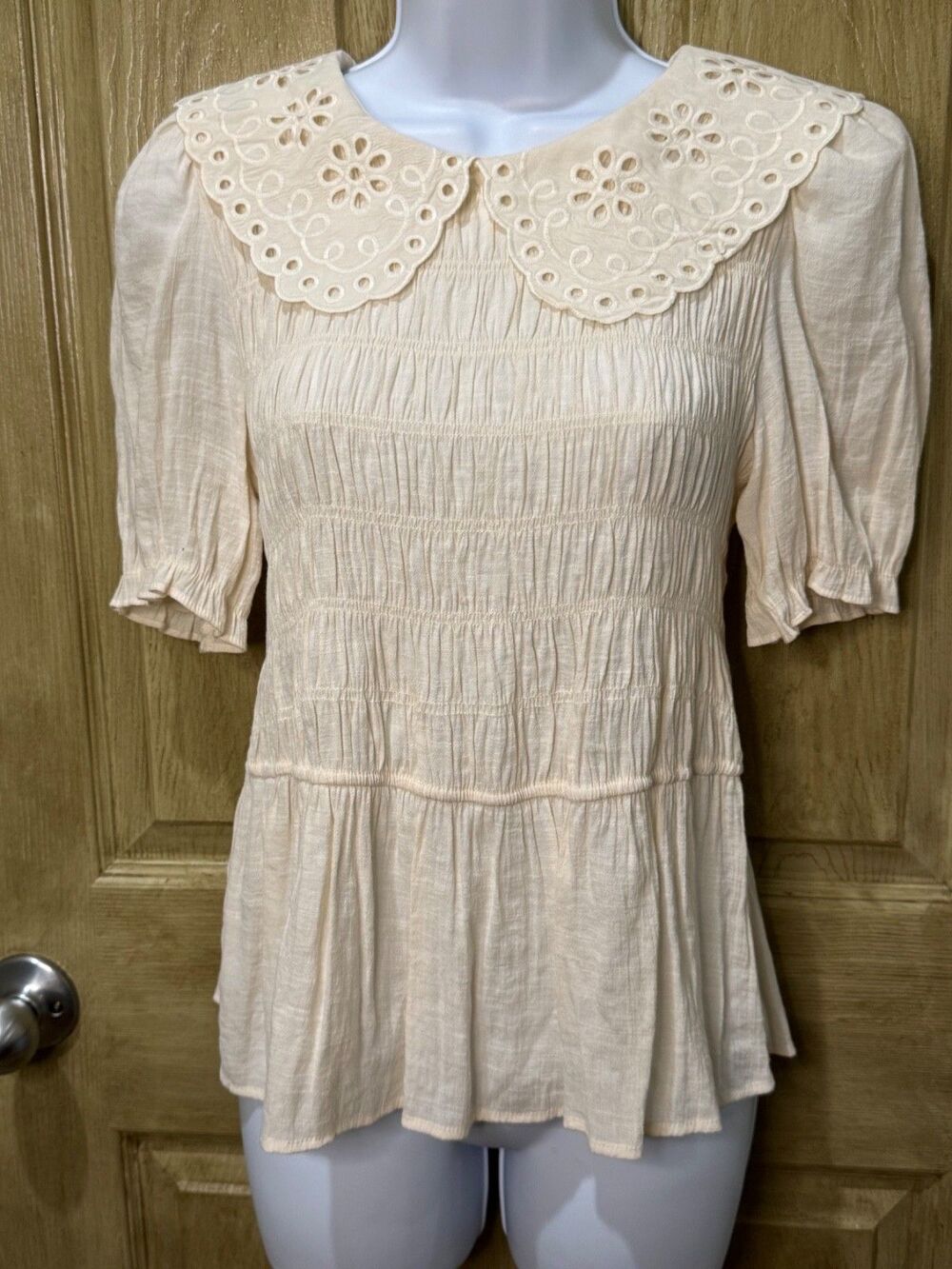 Blu Pepper Cream Smocked Peplum Top Eyelet Peter Pan Collar Women's L